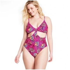 Tabitha Brown x Target Pink Floral One Piece Swimsuit Plus Size 18W Cutout